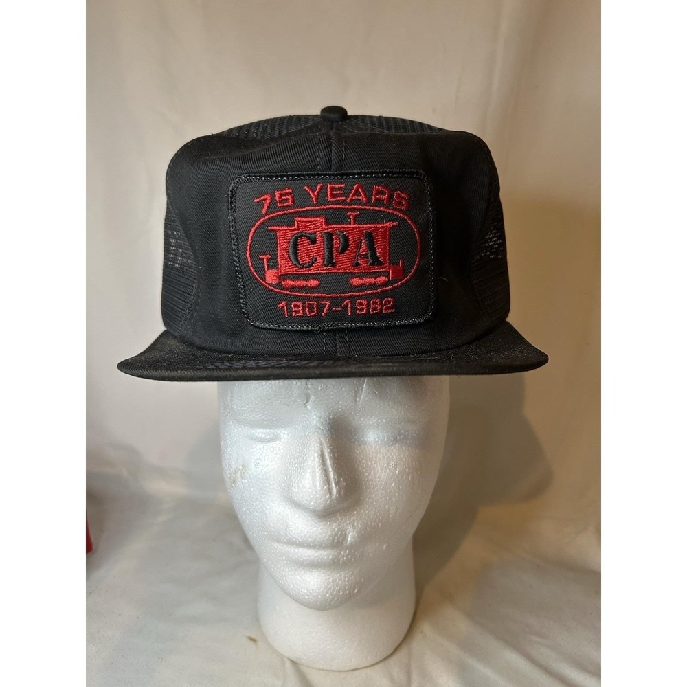 Vintage CPA 75 Years 1907-1982 Train Caboose Black Hat Cap Patch Trucker Mesh